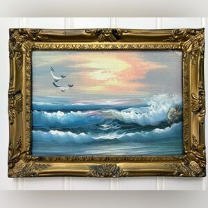 Vintage Painting Art Golden Framed Ocean Wave Bird Handmade Blue White 6x8